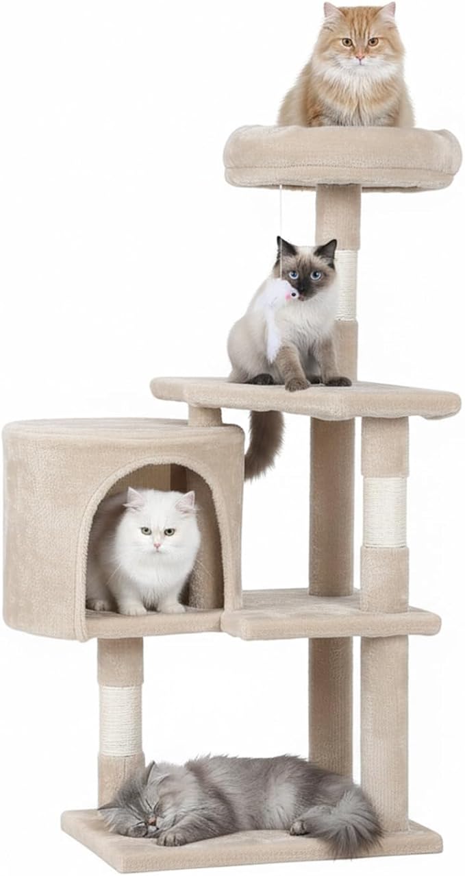 ‌Dopinmin 36" Winter Cat Tree - Plush Multi-Level Indoor Cat Tower with Sisal Scratching Posts & Ramp Plush Condo for Kittens,Beige