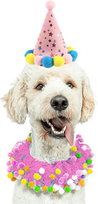 2-PC Pet Birthday Party Costume-Puppy Pink Adjustable Collar Saree with Colorful Balls and Cute Star Hat Soft Costume Accessory for Dogs Cats