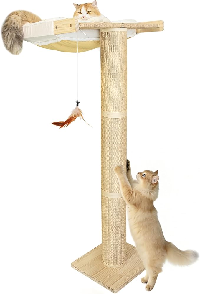 54.3" Cat Window Perch with 3 Adjustable Roman Column Sisal Posts, White Fluffy Cusion, Drill-Free Suction Cups, Multi-Level Climbing Perch, 60 lbs Capacity