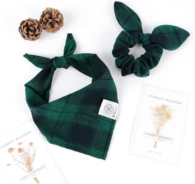 E-Clover St Patricks Day Dog Bandanas & Matching Scrunchie Set Plaid Dog Bibs Scarf Boy Triangle Kerchief Bandana for Small Dogs Puppy Birthday Gifts Pet Owner Mom Green Spring