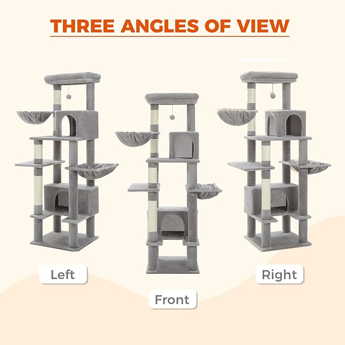 PEQULTI 66" Cat Tree for Indoor Cats, Tall Cat Tower for Large Cats with Scratching Post, Super Large Metal Hammock and 2 Big Condos, Grey