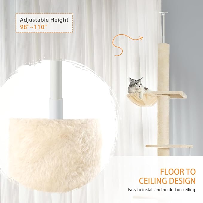 Cat Craft Floor to Ceiling Cat Tree,5 Tiers Tall Cat Tower with Adjustable Height(98-110),Skinny Ceiling Cat Tree with Cozy Hammock,Sisal Scratching Posts,Platforms,and Hanging Balls for Large Cats