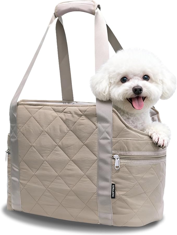 Lightweight Dog Purse Carrier for Small Dogs up to 15 lbs, Dog Tote Bag Puppy Carrier, Soft Plush Interior, Safety Leash Clip, 4 Side Pockets Dog Carrier Bag for Travel & Walking, Camel