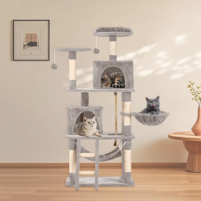 Cat Tree 60.63 inches Cat Tower for Indoor Cats, Multi-Level Cat Condo Furniture with Scratching Posts, Plush Perches, Activity Center with Cozy Basket & Hammock for Cats (Light Gray)