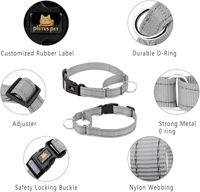 Plutus Pet Reflective Martingale Collar with Buckle - Durable and Adjustable Training Collar for No Pulling, Dog Choker Collar for Small Medium Large Dogs, Gray, M