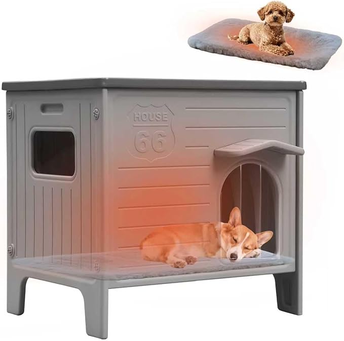 Plastic Insulated Dog House with Mat Weatherproof for Elevated Dog Shelter, Easy Assemble, Expansive Interior‌ Grey 26.7" D * 26.7" W * 21.4" H