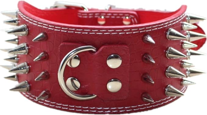 Studded Dog Collar, 3" Sharp Spiked Leather Dog Collar fit Training,Sports,Walking,Medium,Large,X-Large,for Pitbull,Labrador,Boxer (M:17-20 inch, Red)