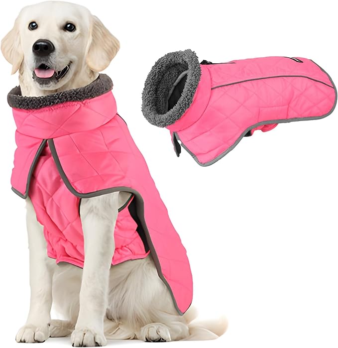 Fragralley Dog Coat Large, Waterproof Dog Jacket with Warm Fleece Lining, Adjustable Reflective Dogs Winter Coat, Turtleneck Pet Coats for Cold Weather (Pink XXXL)