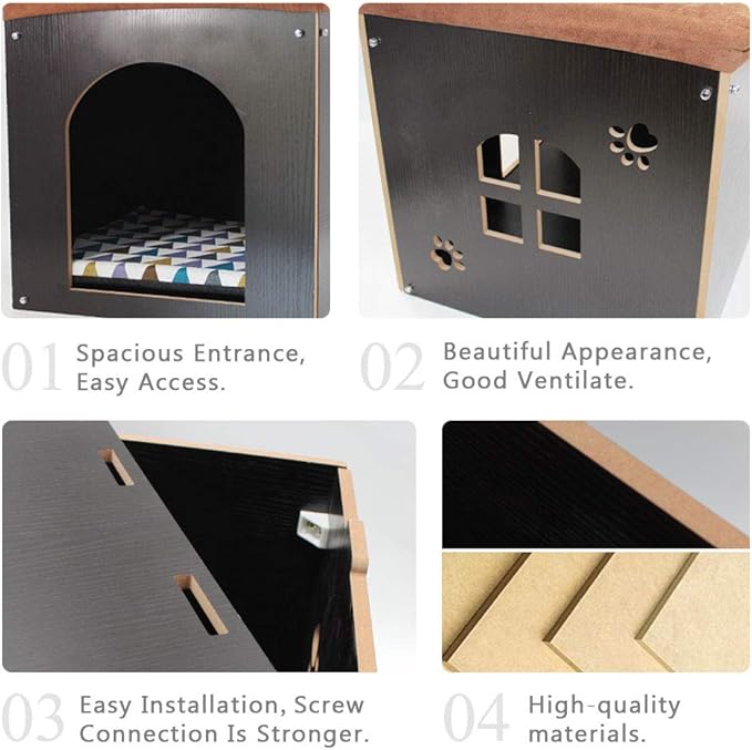 SONGWAY Cat House for Indoor Cats Large, Pet Cave with Carpet, Pet House Ottoman, Multipurpose Footrest with Cushion, Cube House for Cats and Small Dogs, Black L