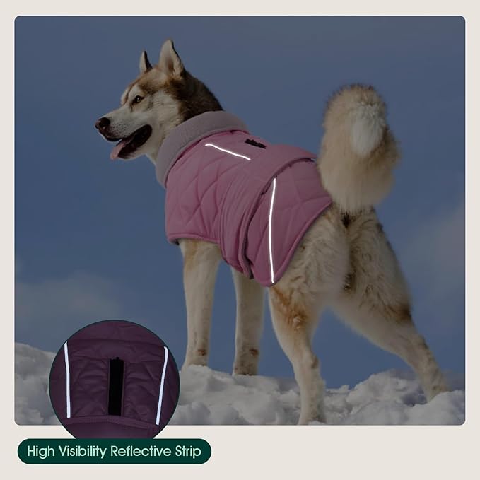Kuoser Dog Coat, Super-Warm Dog Jacket Windproof Pet Cold Weather Coats for Extra Large Dogs, Fleece Lining Quilted Turtleneck Puppy Snowsuit Reflective Adjustable Doggie Winter Clothes, Pink, 3XL