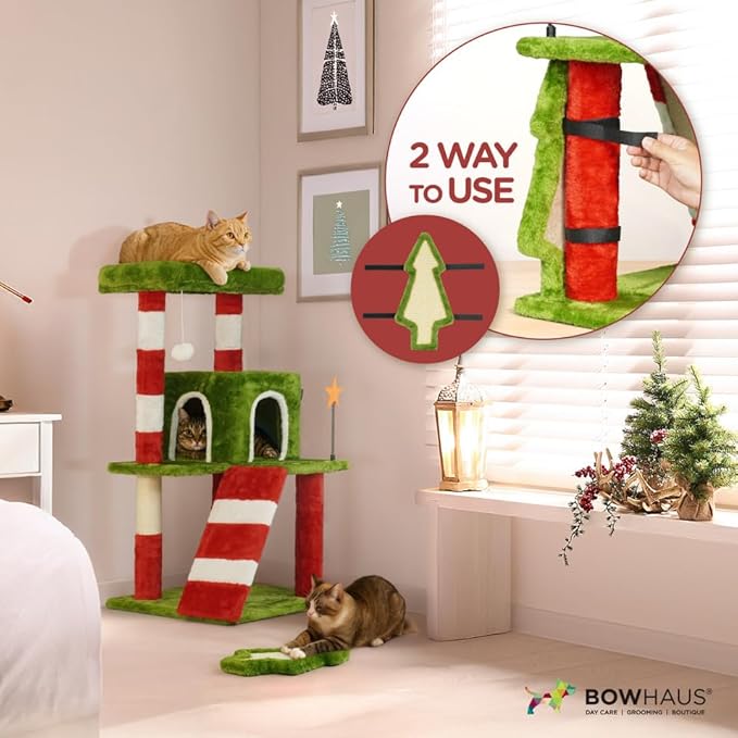 Christmas Cat Tree, Multi-Level Holiday Activity Cat Tree Tower with Scratching Post, Cozy Hammock, Fluffy Play Ball & Cave Condo, Indoor Christmas Decoration for Kitties, Gifts for Cat Owners