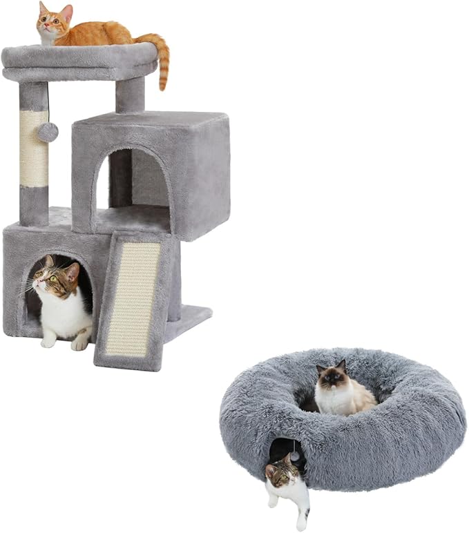 PAWZ Road 30 Inches All-in-One Cat Tree Bundle with Long Plush Cat Tunnel Bed