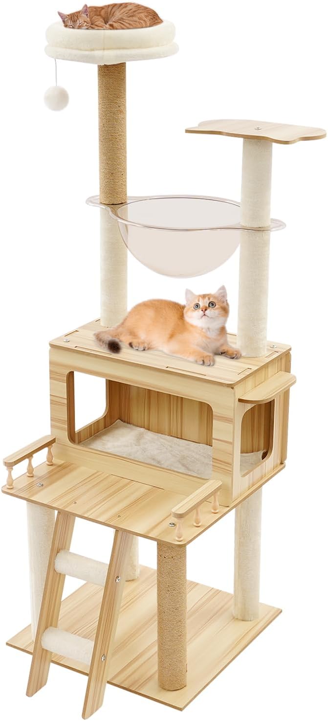 Multilevel Cat Tower 57.9 Inch Tall MDF Cat Tree with Scratching Posts, Climbing Steps and Swing Ball, Wooden Cat Condo Perch for 3-4 Small Cats, Indoor Cats Tree White+Wood Color