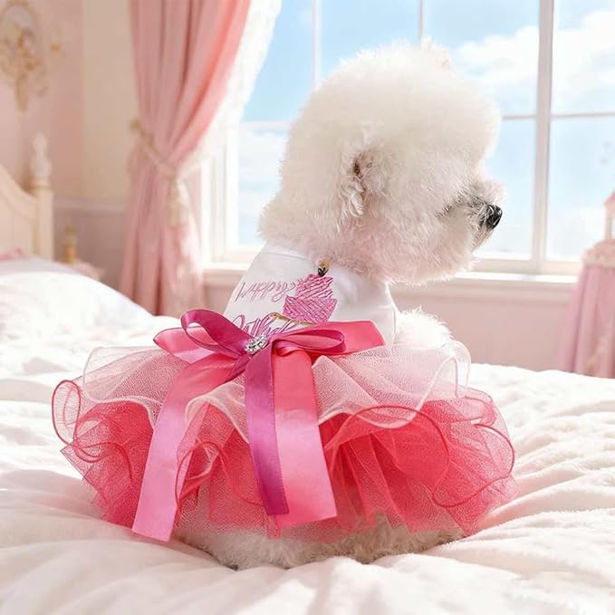 Dog Birthday Dress with Cake Pattern & Bowknot Girl Puppy Clothes for Small Dog Cat Birthday Outfit with Tutu Skirt Party Tulle Pet Apparel (Fuchsia, Large)
