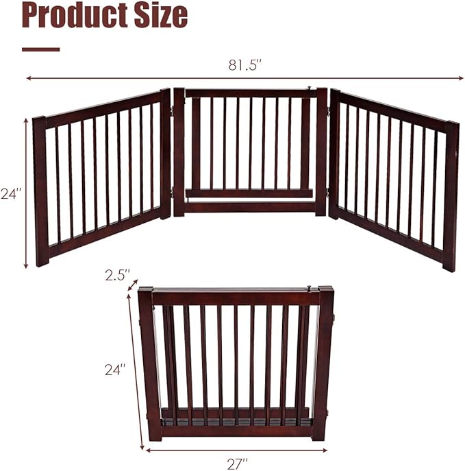 Giantex Freestanding Pet Gate with Door, 24inch 3 Panels Wooden Dog Gate with Walk Through Door, Foldable Pet Safety Puppy Fence Adjustable Pen for House Doorway Stairs