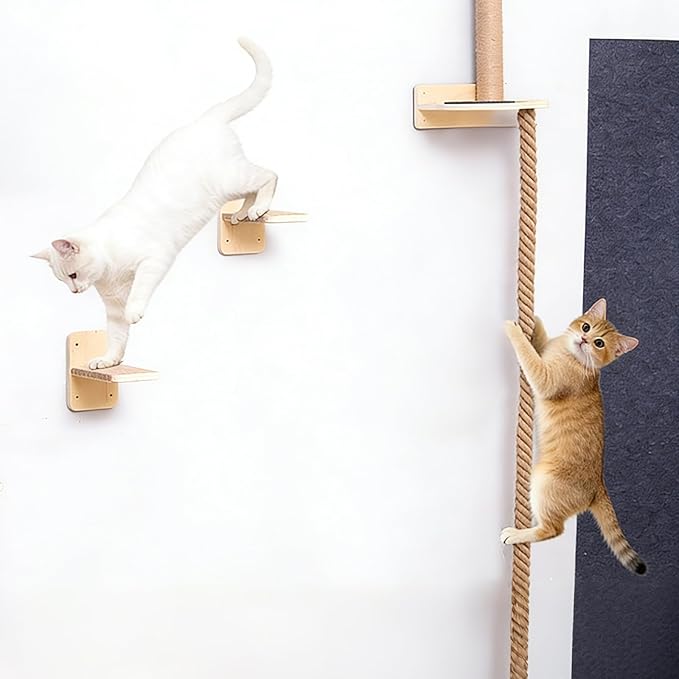 Wall Mounted Cat Tree with 2 x 59.1 Inch Jute Climbing Ropes, Solid Wood Cat Climbing Tower with Scratching Post, Rope Ladder, Jumping Platforms & Wall Steps Cat Playground