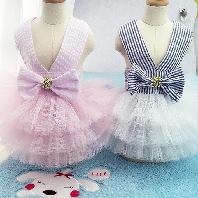 Dog Dresses, Fashion Pet Dog Clothes, Striped Mesh Puppy Dogs Princess Dresses (Blue, X-Small)