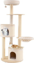 PETSITE 60-inch Wooden Cat Tree, Multi-Level Modern Cat Tower with Sisal Scratching Posts, Double Condos, Padded Cozy Top Perch, Multiple Jumping Platforms, and Hanging Ball, Ideal for Indoor Cats