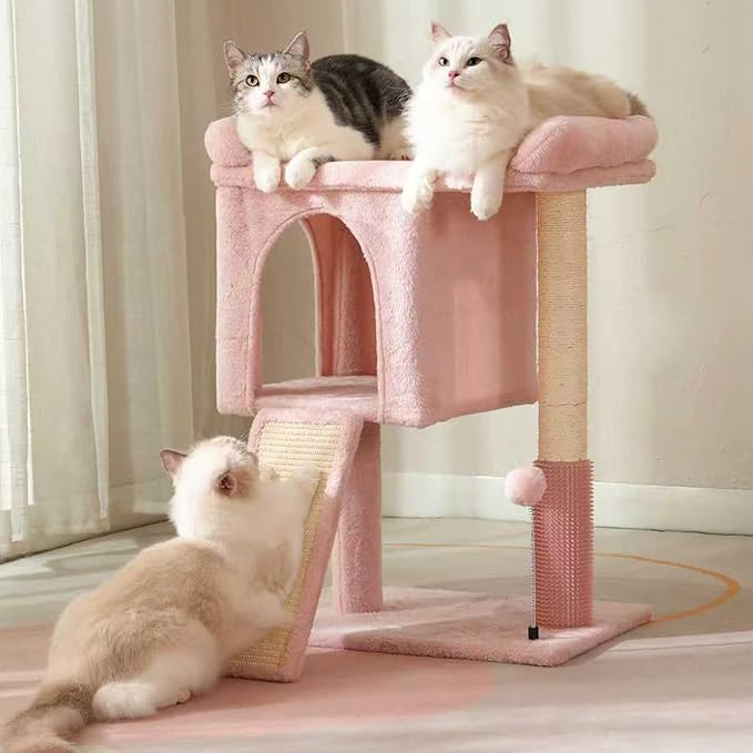 Pink Cat Tree Tower for Large Cats with Large Top Bed 20x13.8”Private Cat Condo,Sisal Scratching Post and Ramp and Self Groomer and Spring Ball-Pink