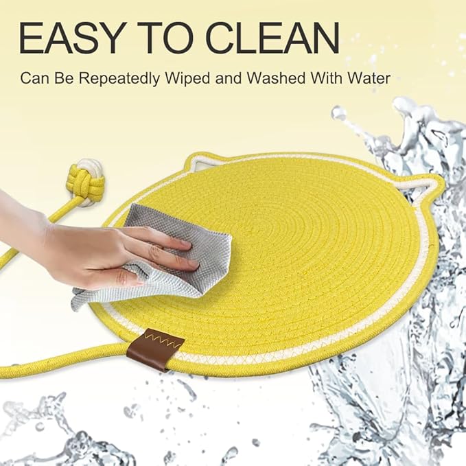 Personalized Cat Scratcher Mat, Customized with Name Text Natural Cotton Rope Round Horizontal Cat Scratching Pads with Ball Toy, Cat Furniture Protector for Wall, Couch, Carpets, Sofa (Yellow)