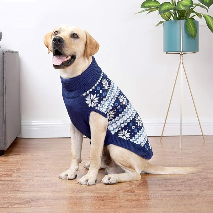 KOOLTAIL Cable Knit Dog Sweater Turtleneck, Cold Weather Pullover Classic Knitwear, Snowflake Pattern Thick Warm Winter Pet Clothes, Dog Christmas Sweater for Small Medium Large Dogs Cats, Navy Blue L