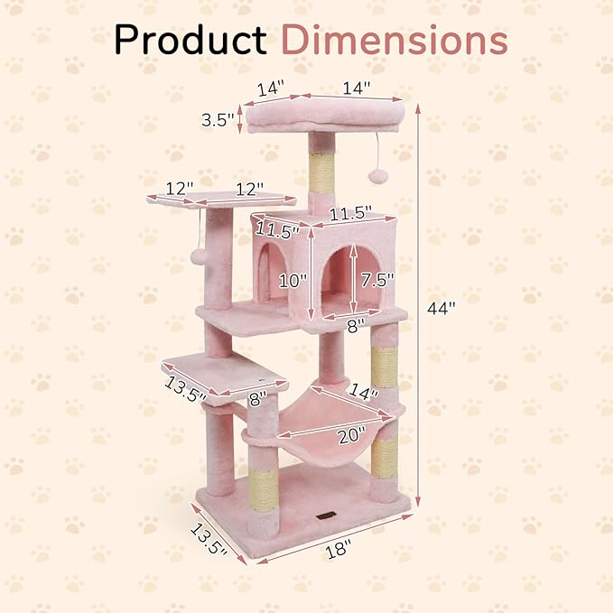 DORTALA Cat Tree for Indoor Cats, 44" Modern Cat Tower with Top Perch, Condo, Hammock, Sisal Scratching Posts, Dangling Balls, Platforms, Multi-Level Pet Climbing Furniture Playground (Pink)