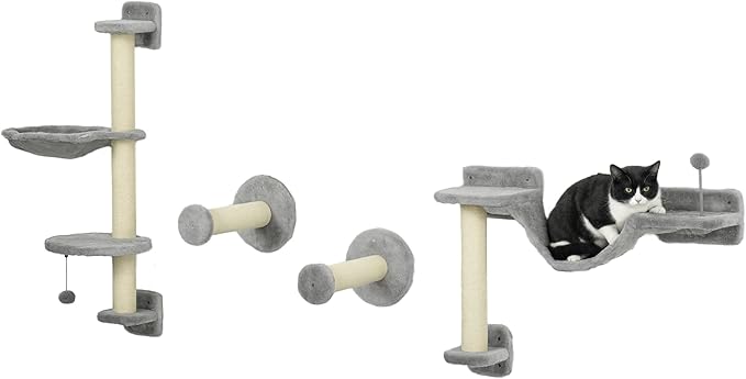 PawHut 4Pcs Wall Mounted Cat Shelves, Cat Climber with Hammock, Perches, Ladder, Scratching Post, Cat Wall Furniture for Large Cats, Grey