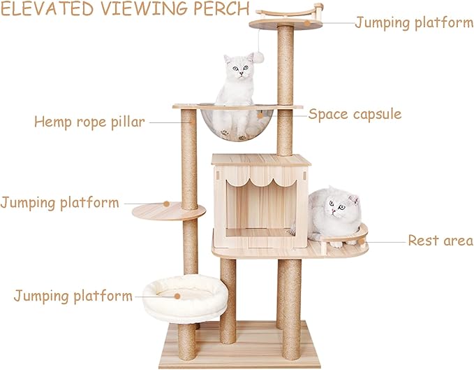 Cat Tree, L21.6*W15.7*H60in Wooden Cat Climbing Tower for Indoor Cats, Multi-Layer Cat Condo with Scratching Post, Cat House, Transparent Capsule, Holds 15kg/33lbs