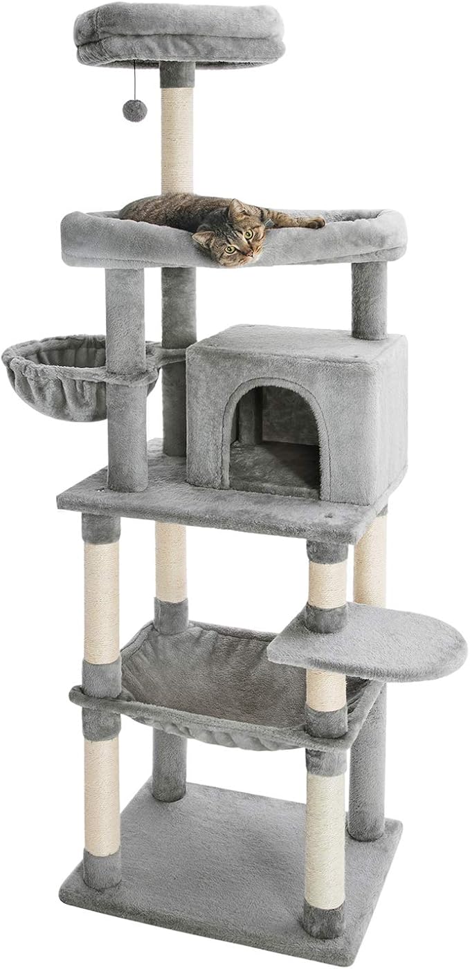 Catinsider 70.9 Inches Multi Level Cat Tree with Two Hammocks, Condo, Top Perch for Cats Light Gray