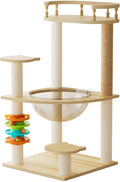 32.2”” Wood Cat Tower with Sisal Scratching Post, Modern Cat Tree with Acrylic Bowl, Cat Perch, Climbing Ladder & Ball Toy, Multi-Level Cat Activity Center (32.2 inch)