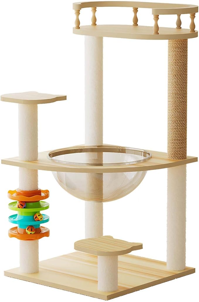 32.2”” Wood Cat Tower with Sisal Scratching Post, Modern Cat Tree with Acrylic Bowl, Cat Perch, Climbing Ladder & Ball Toy, Multi-Level Cat Activity Center (32.2 inch)
