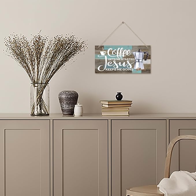 K7 Hanging Wooden Plaque Decor - Coffee Bar Sign, Jesus Keeps Me Going, Rustic Farmhouse Kitchen Wall Decor, 12x6 inch