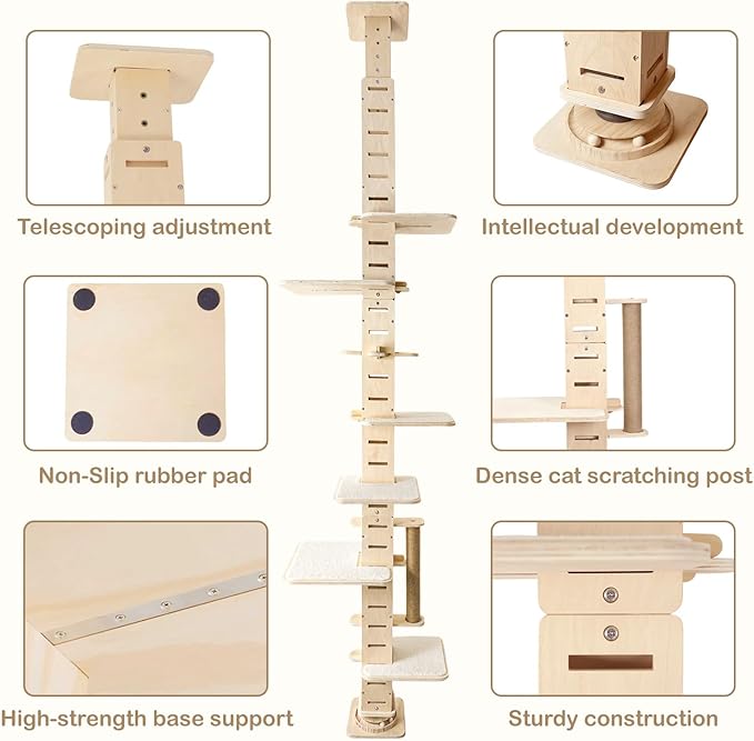 Floor-to-Ceiling Cat Tree, Multi-Level Adjustable Climbing Tower (8.2–9.8 ft) with Scratching Posts, Adjustable Jump Platforms, Interactive Ball Toy Base & Cozy Rest Areas