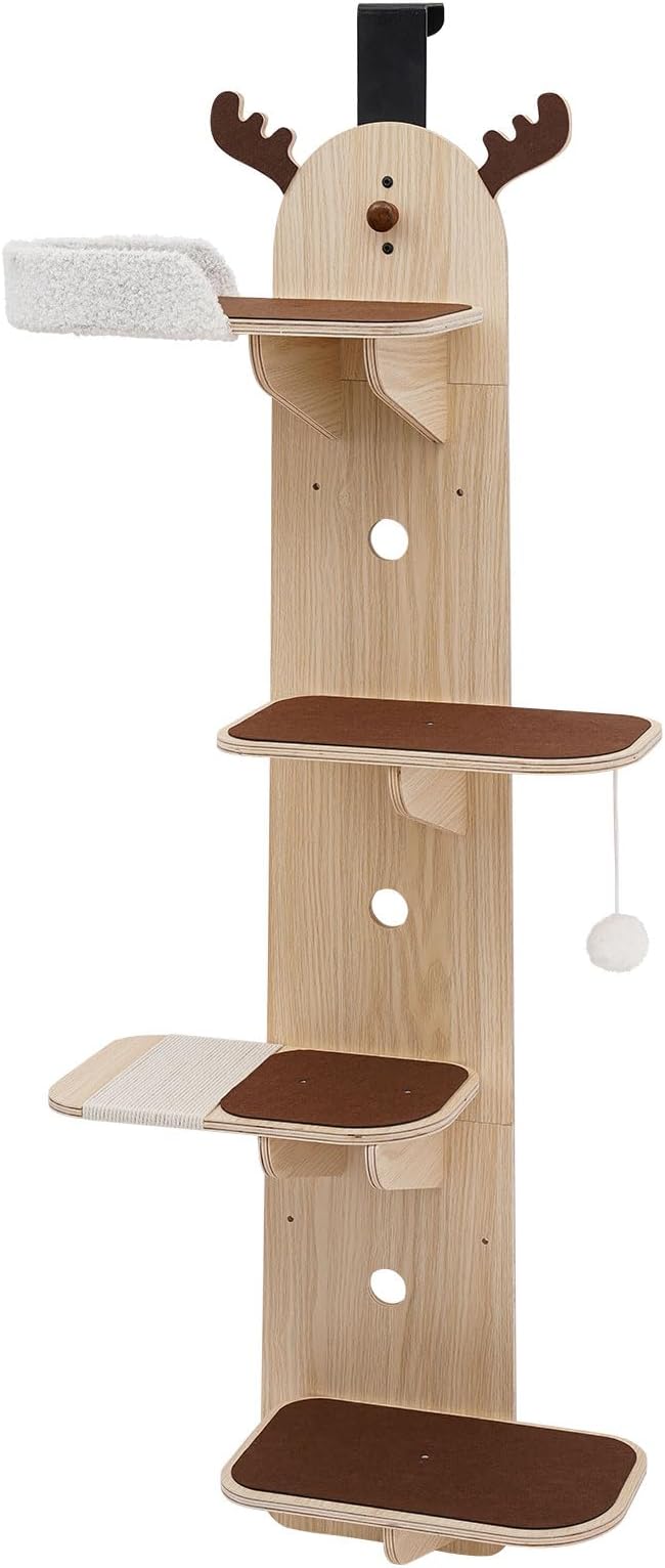 4-Tier Door Hanging Cat Tree, Overhead Hanging Tree Climber Hanger Cat Shelf Door Mounted Pet Climbing Shelves Wall for Cat House, Pet Shops (Light Wood+Brown)