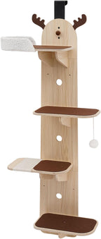 4-Tier Door Hanging Cat Tree, Overhead Hanging Tree Climber Hanger Cat Shelf Door Mounted Pet Climbing Shelves Wall for Cat House, Pet Shops (Light Wood+Brown)