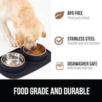 GORILLA GRIP Feeding Mat Bowl Set, 3 Cup 100% Waterproof BPA Free Silicone Base, 304 Stainless Steel Cat and Dog Bowls for Food and Water, Slip Resistant, High Edge, US Designed, Patent Pending, Black