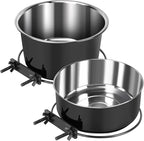 2 Pcs Black Large Pet Dog Food Water Bowl for Cage Stainless Steel Non-Spill Kennel Hanging Cats Bowls with Clamp Holder Crate Feeder Dish for Medium Large Dogs Huge Pets (7.1x3.7'' & 7.1x2.5'')