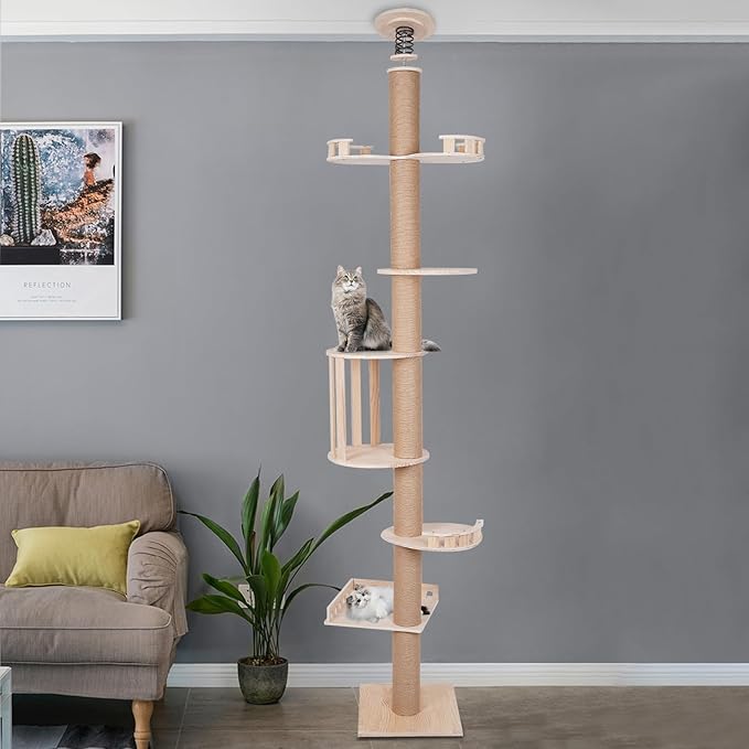 Floor to Ceiling Cat Tree 5 Tiers Cat Tower Multi-Functional Climbing Tower with 100"-104" Adjust Height Ceiling-Mounted Wood Cat Tower Tree Wall for 30-44LBS Cats