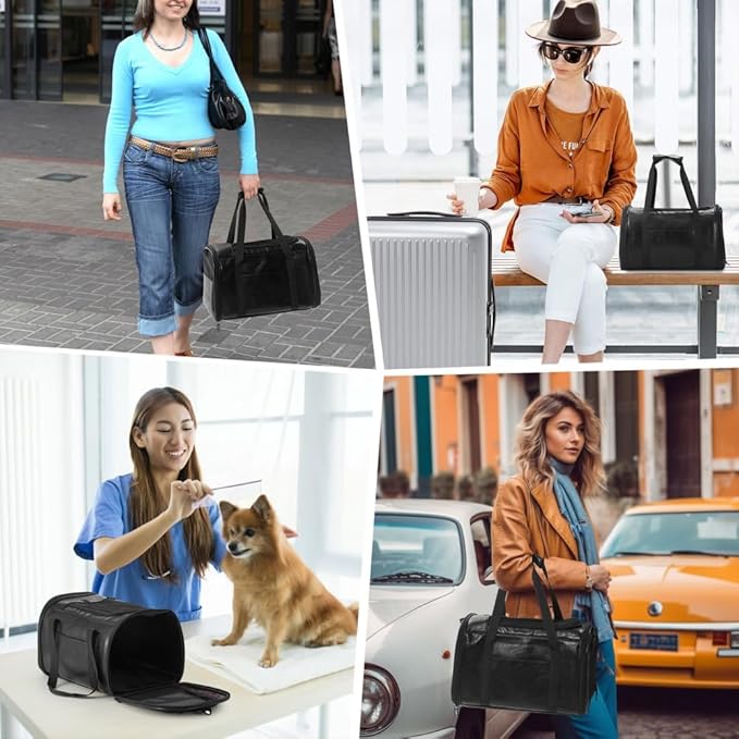 Fashion Dog Carrier Pet Carrier Airline Approved Cat Carrier for Small Dogs Cats Under 15 Lbs, Vegan Leather Collapsible Soft Sided Travel Puppy Carrier
