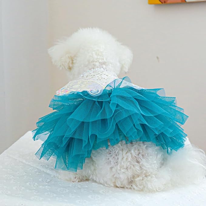 Fashion Sweet Puppy Dog Blingbling Princess Skirt Pet Dog Lace Cake Camisole Tutu Dress B-Blue XS