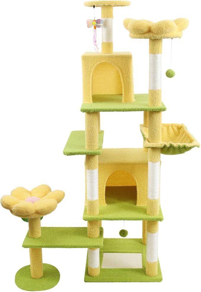 71 inch Flower cat Tree with Large condo Removable Flower Cushion and Hammock Yellow