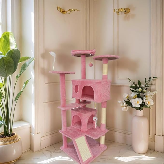 Cat Tree Tower for Indoor Cats,Cat House with Sisal Scratching Post,Multi-Level Cat Condo and 3 Large Platforms (Pink)