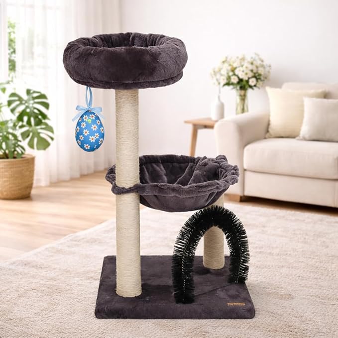 27.8" Small Cat Tree with Easter Eggs,Multi-Level Cute Cat Tree with Scratching Post| Plush Hammock| Perch| Random 3 Pcs Easter Eggs| Groomer Brush for Kittens Play & Rest