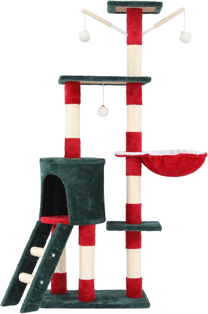 55" Christmas Cat Tree with Cozy Condos, Sisal Scratching Posts & Plush Fabric, Cats Tower with Large Perch Activity Center for Kittens to Adults Cats, Fits Living Room, Bedroom, Apartments