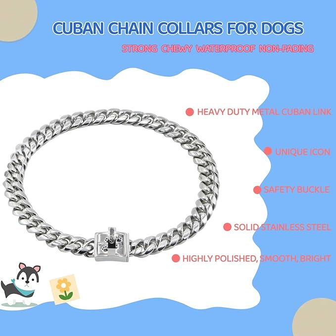Dog Chain Collar Silver Cuban Link Chain Collar with Secure Buckle Design,15MM Stainless Steel Metal Walking Training Collars, Chew Proof, Suitable for Small Medium Large Dogs (Silver,16'')
