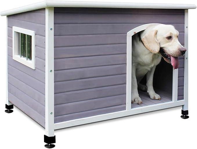 40" Wooden Outdoor Dog Houses, Waterproof Dog House Outside with Window & Door Flap Waterproof Dog House Outdoor Indoor, Assemble Easily-Grey