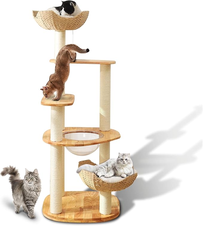 Cat Tree for Indoor Cats, 61'' Multi-Level Solid Wood Cat Tower for Large Adult Cats, Heavy Duty Modern Cat Tree with 9 Sisal Rope Posts, 3 Spacious Perches & Cozy Basket, Stable and Easy to Assemble