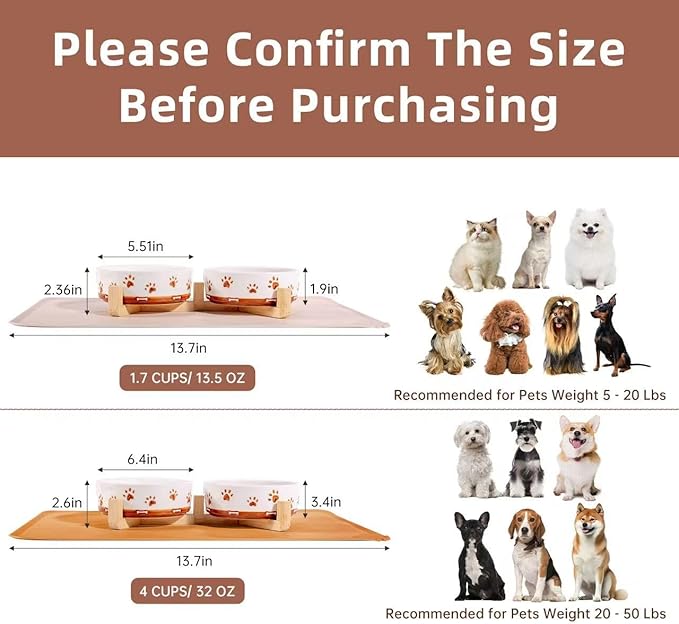 Dog Bowls with Wood Stand, 1.7 Cups Ceramic Puppy Bowls with Mat for Small Dog Weighted Water and Food Bowl Set for Dogs Cats, Non-Slip Pet Feeding Dish 13.5 Oz