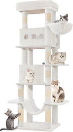 Cat Tree, 66.9" Large Cat Tower for Indoor Cats, Multi-Level Cat House with Condo, 8 Scratching Posts, Hammock, 4 Pom Poms, White MS17018WT