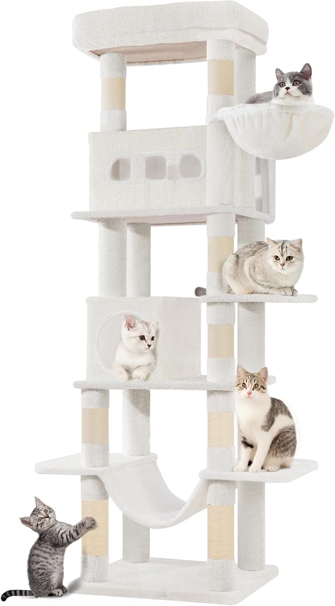 Cat Tree, 66.9" Large Cat Tower for Indoor Cats, Multi-Level Cat House with Condo, 8 Scratching Posts, Hammock, 4 Pom Poms, White MS17018WT